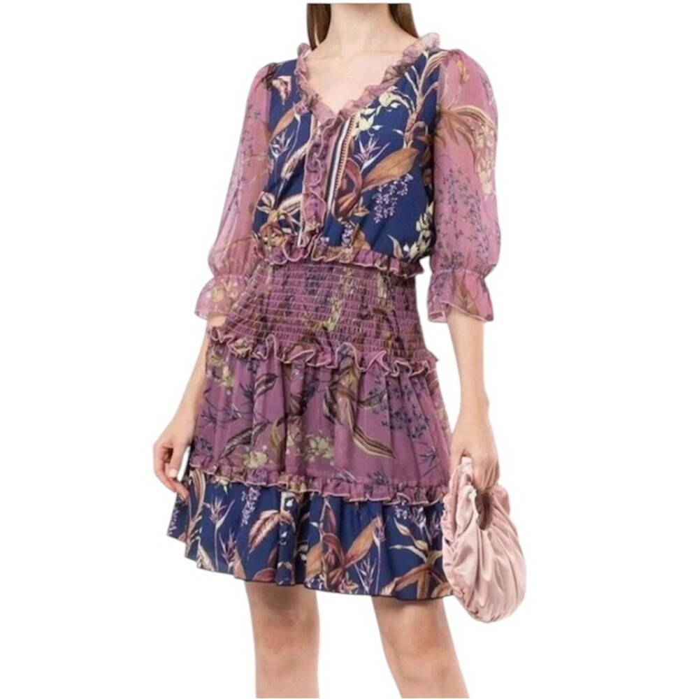 MARCHESA NOTTE Smocked Floral Tiered Chiffon Dress Purple & Navy Size 4